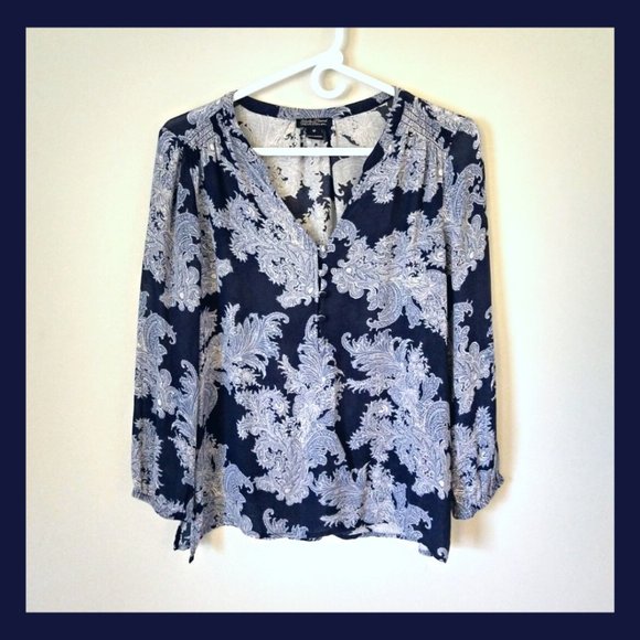 Lucky Brand Sheer Navy Paisley Blouse- Boho top, Sz Medium - Picture 1 of 3